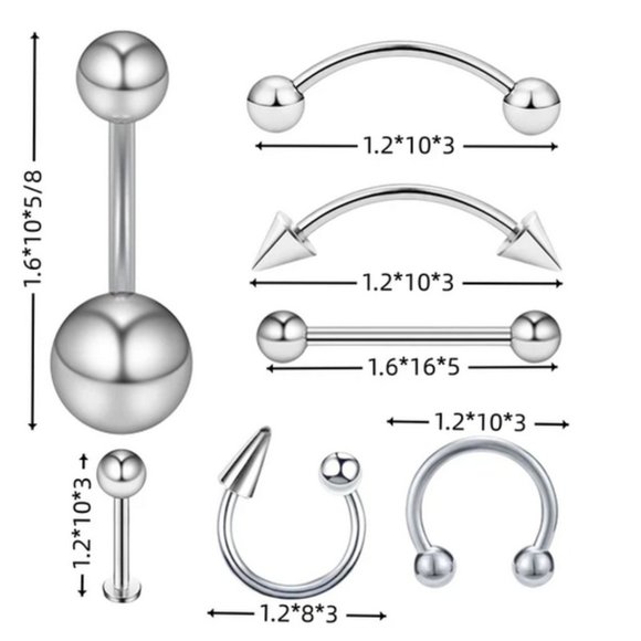 7-Pcs Silver Navel, Eyebrow, Tongue, Lip, Nose Variety Set - Picture 3 of 9